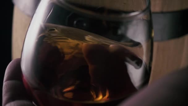 Slow mo. ein Glas Cognac in der Hand in Bewegung — Stockvideo