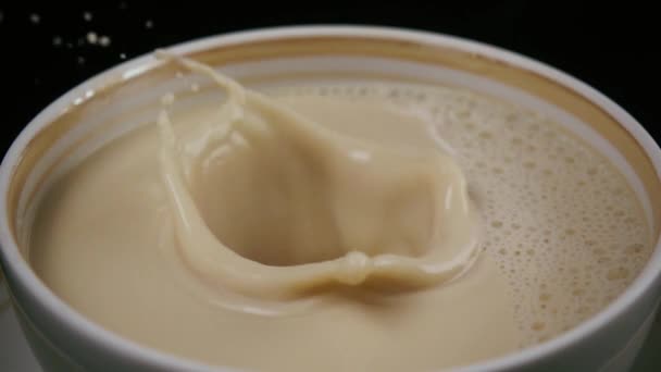 Gooi een kubus van suiker in thee met melk. Slow mo — Stockvideo