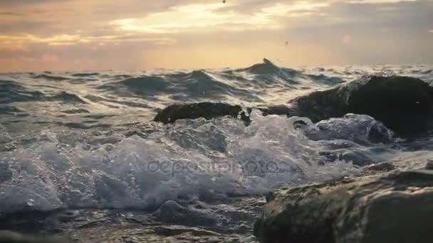 Slow motion små vågor är aktivt rullande på klipporna — Stockvideo