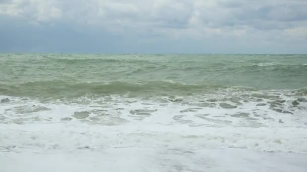 Deux grandes vagues s'enroulent et se brisent sur le rivage 