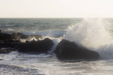 Dalgalar kıyıya yakın suda taşlarda kırmak