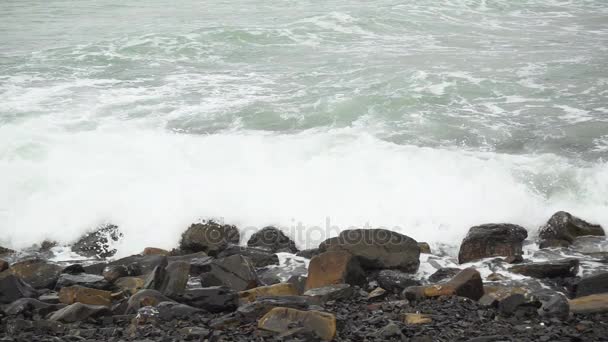 Шпили и падали на камни на пляже — стоковое видео