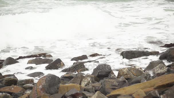 Foam wave rolls on stones slow mo — Stock Video