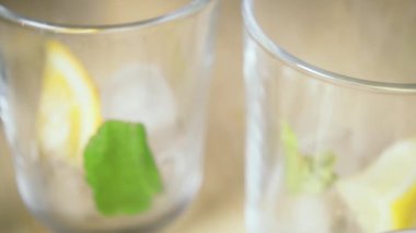 Bir cam ile buz ve nane ağır çekim kamera hareket