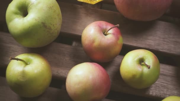 La cámara se mueve sobre un vaso con jugo entre manzanas cámara lenta — Vídeo de stock