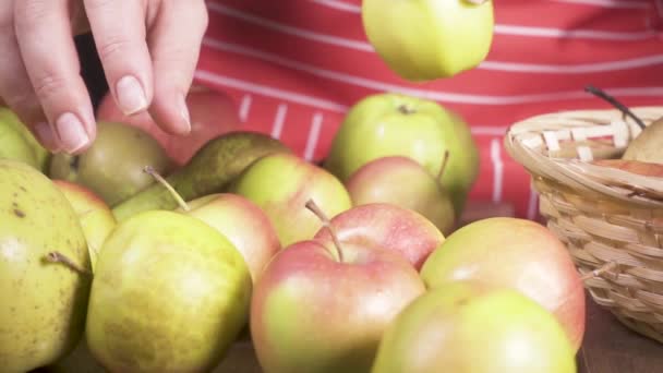 Slow motion femme met des pommes dans un panier — Video