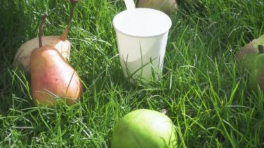 Ağır çekim suyu plastik kapsayıcıdan cam içine çim üzerinde dökülür