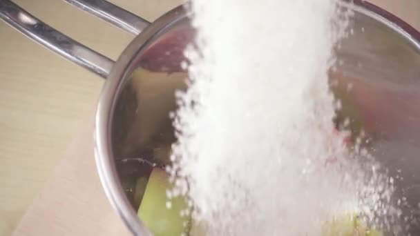 Slow motion apple slices covered with sugar — Stock Video