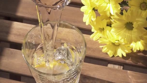 Вода в стакане с пузырьками и лимонным замедленным движением — стоковое видео