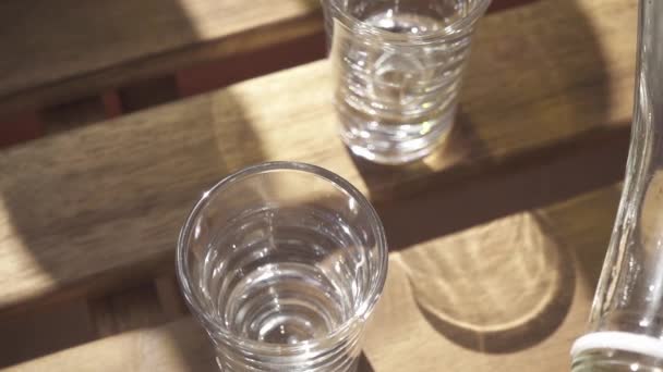 Lassú mozgás vodka öntenek a pohárba, egy üveg — Stock videók
