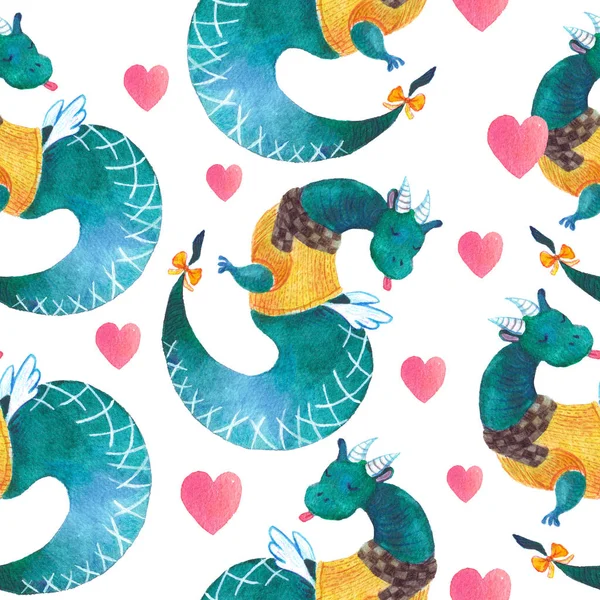 Cartoon cute watercolor dragon.Seamless hand-drawn watercolor pattern