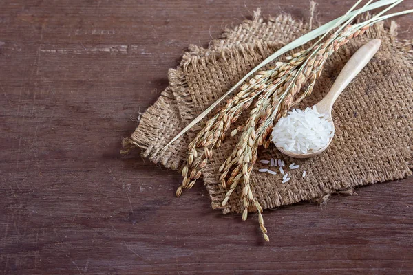 生的米在木勺子木制背景 — 图库照片