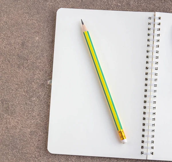 Blank papper anteckningsbok och penna på cement golv bakgrund. — Stockfoto