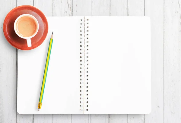 Top view of blank paper,pencil and cup of coffee on white wooden — Stock Photo, Image