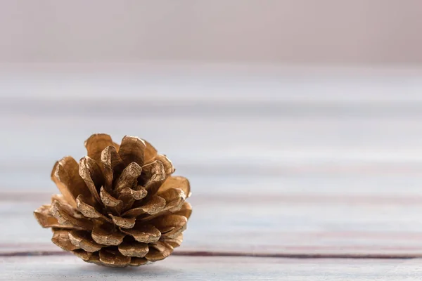 Beyaz ahşap masa arka plan üzerinde altın çam kozalakları kapatın. — Stok fotoğraf