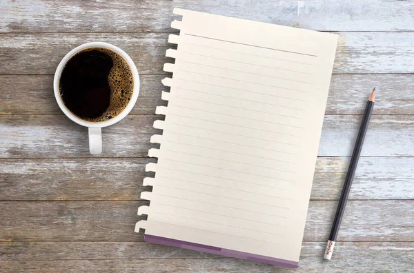 Vue Dessus Avec Papier Blanc Crayon Tasse Café Sur Table — Photo