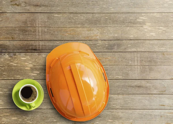 Orange Safety Helmet Coffee Cup Wood Table Office Workplace Top — Stock Photo, Image