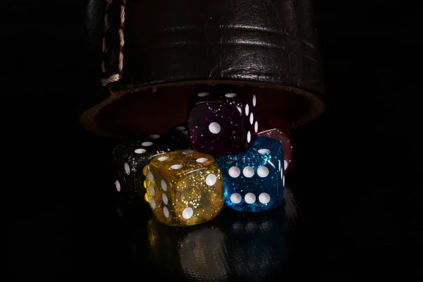 Sparkling Colorful Dices Cup Leather — Stock Photo, Image