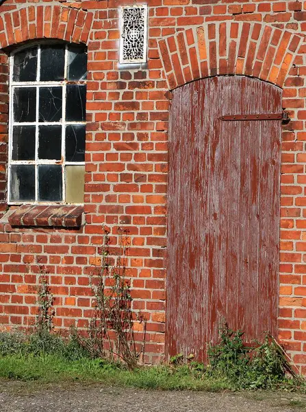 Bakstenen Muur Stenen Gevel Van Oude Rode Bakstenen — Stockfoto