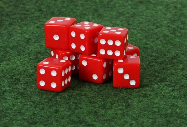 Heap Red Dices Lying Green Ground — Stock Photo, Image