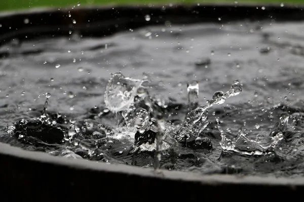 Lluvia Cae Barril Madera Lleno Agua Jardín —  Fotos de Stock