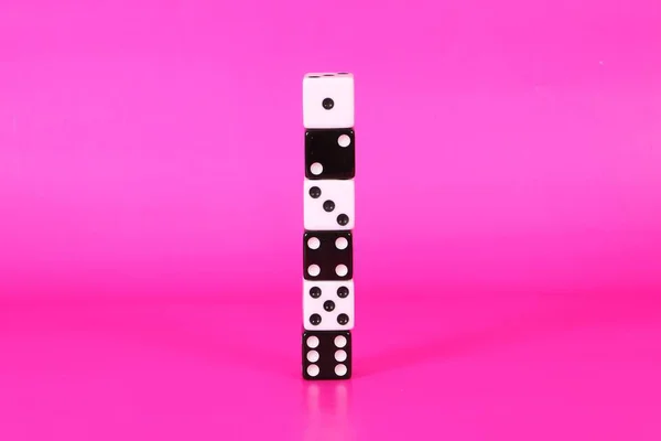 Stack Six Black White Dices Studio Pink Background — Stock Photo, Image