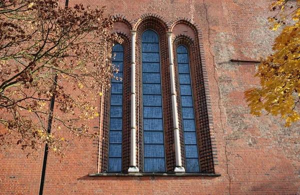 Gros Plan Une Vieille Fenêtre Église Avec Des Feuilles Automne — Photo