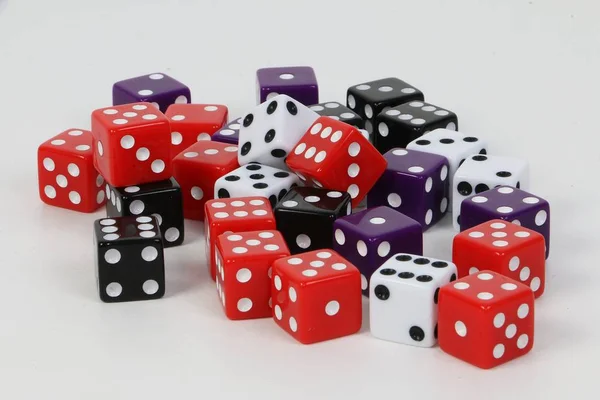 Heap Colorful Dices Lying White Studio — Stock Photo, Image