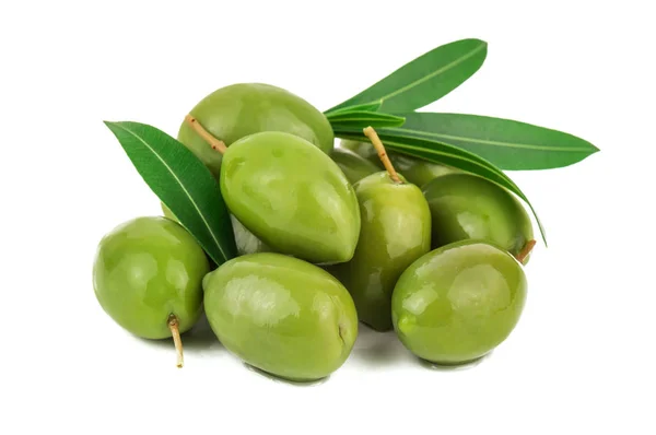 Heap Juicy Green Olives Leaves White Background — Stock Photo, Image