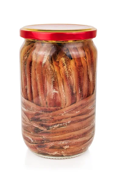 Glass Jar Delicious Anchovies Isolated White — Stock Photo, Image
