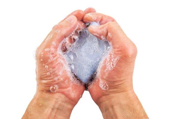 Blue Soap Foam Hands Isolated White — Stock Photo, Image