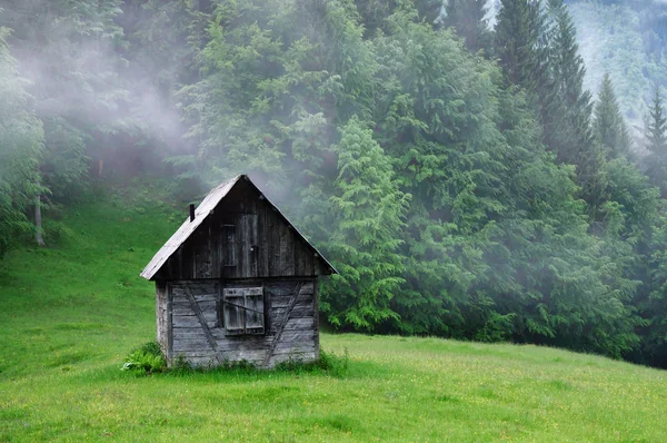 Holzhütte Berg Der Nähe Des Nebligen Waldes — Stockfoto