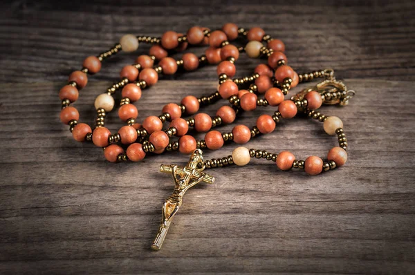 Christian Rosary Wooden Background Religion Theme — Stock Photo, Image