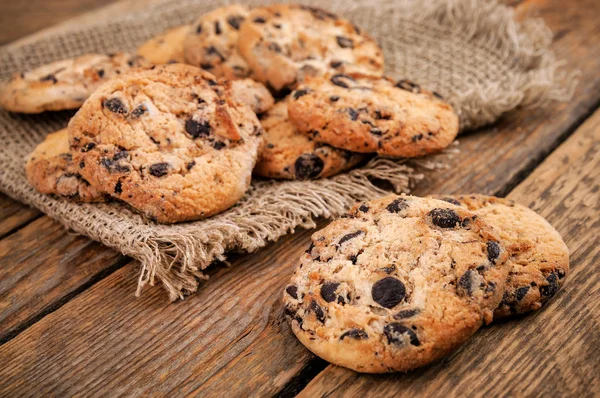 Delicious Cookies Pieces Chocolate Burlap Napkin — kuvapankkivalokuva