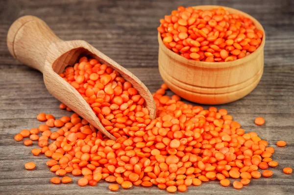 Heap Red Raw Lentils Wooden Spoon — Stock Photo, Image