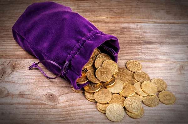 purple bag (purse) with coins