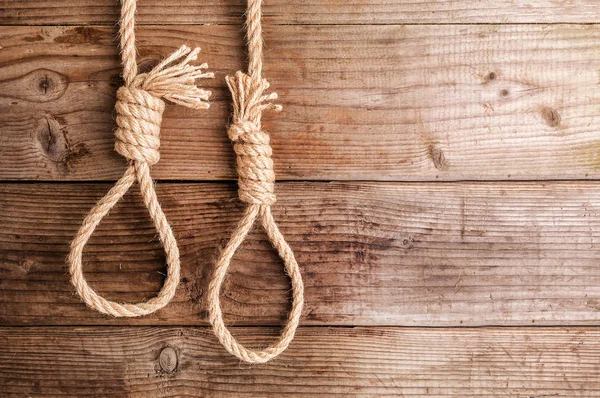 Two Ropes Knotted Noose Wooden Background — Stock Photo, Image