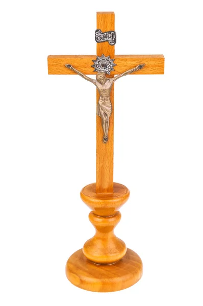 Cruz Madeira Com Crucifixo Isolado Branco — Fotografia de Stock