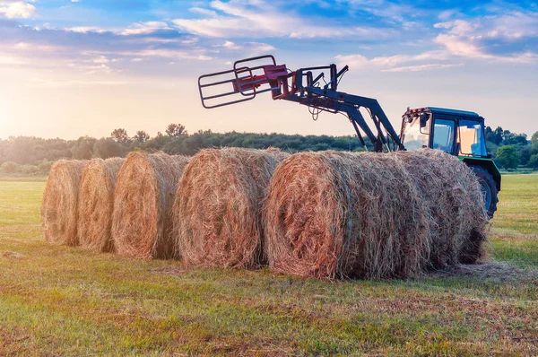 Трактор собирает тюки сена — стоковое фото