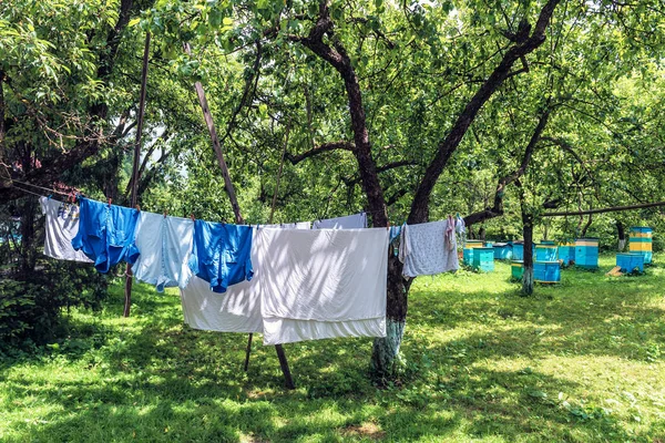 Tvättade tvätt torkar i trädgården — Stockfoto