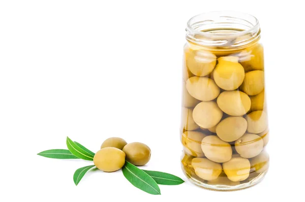 Opened jar of olives on white — Stock Photo, Image