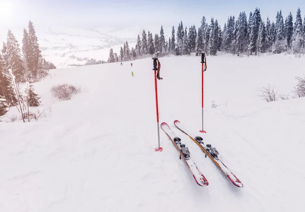 红色的滑雪和棍子在雪山上 冬季滑雪普瑞 — 图库照片