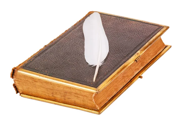 Vecchio libro marrone con piuma su bianco — Foto Stock