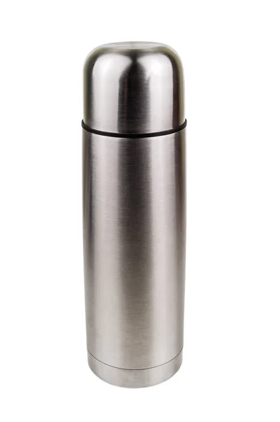 Zilveren thermos op wit — Stockfoto