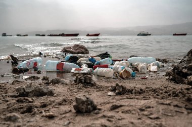 Plajda farklı plastik çöpler var.