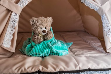 teddy bear in soft green blanket sits in wigwam
