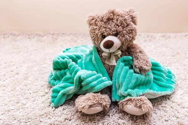 teddy bear in soft green blanket