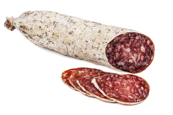 Läcker italiensk salami på vitt — Stockfoto