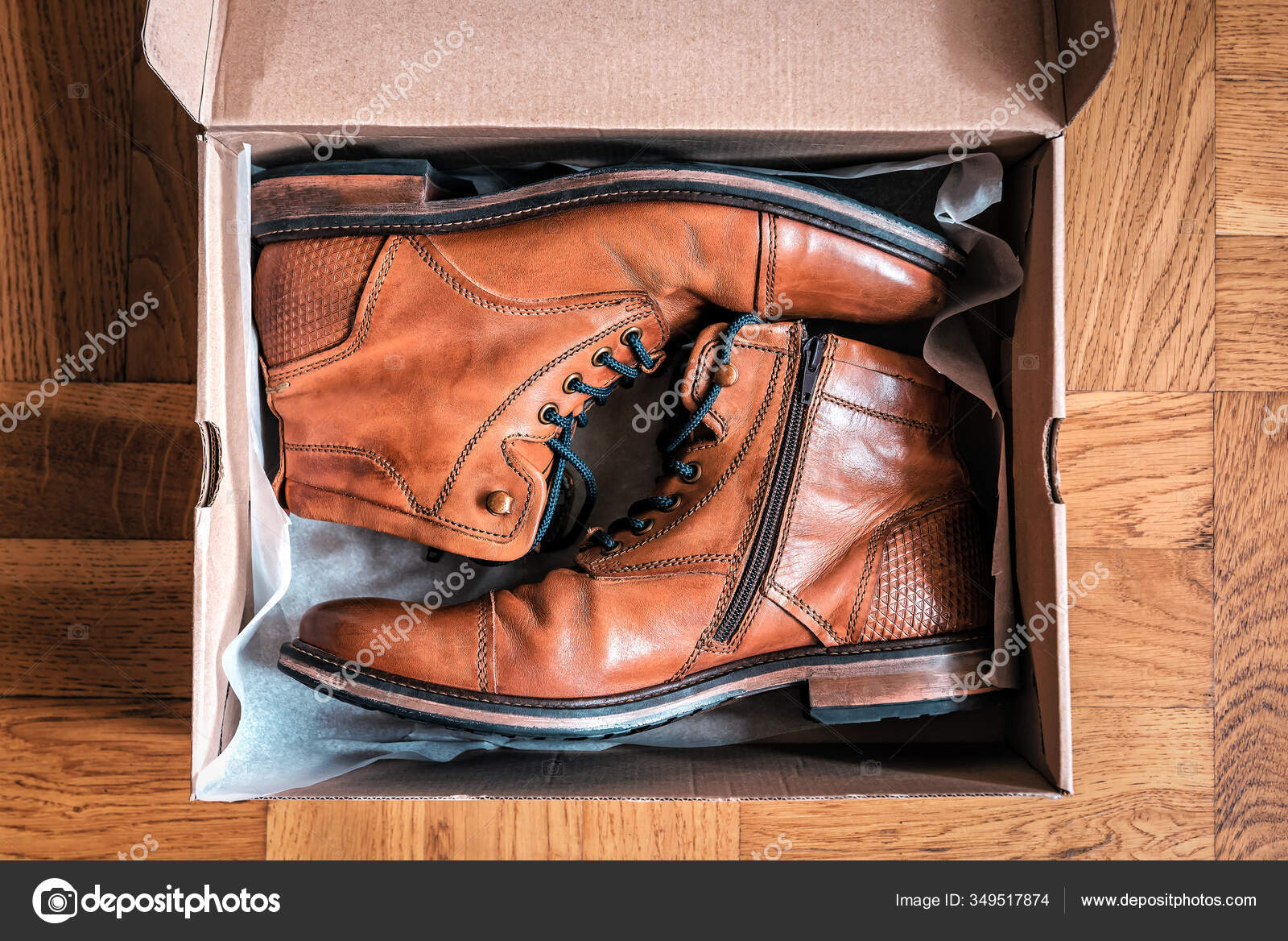 Pair Of Brown Leather Shoes In A Box. Stock Photo, Picture and