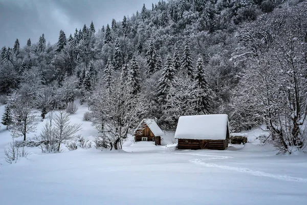 Cabañas Madera Abandonadas Las Montañas Nevadas Los Cárpatos —  Fotos de Stock